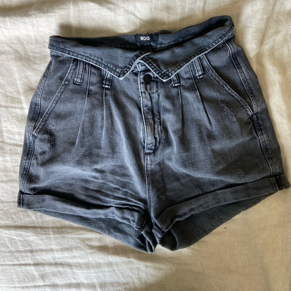 BDG high-waist black pleated denim shorts
